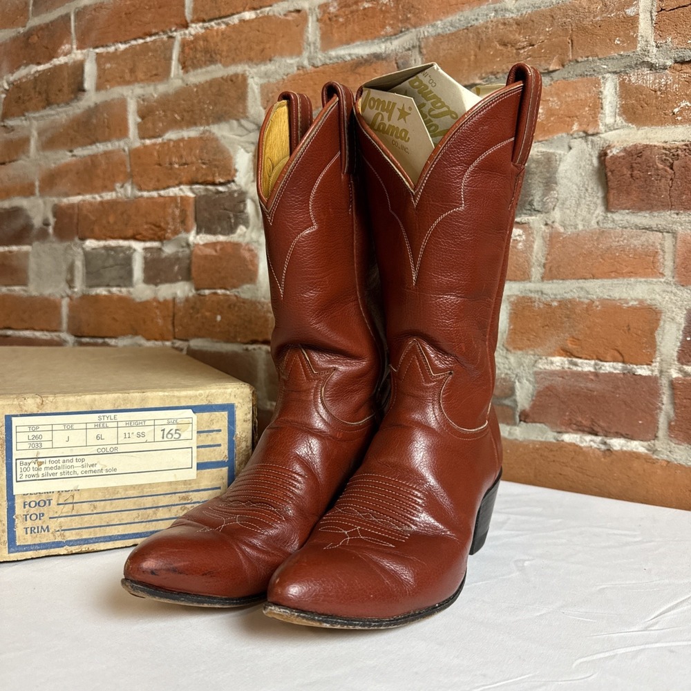 Tony‎ Lama Cowboy Boots USA Made Size 6 1/2  Brown Women's Vintage Original Box